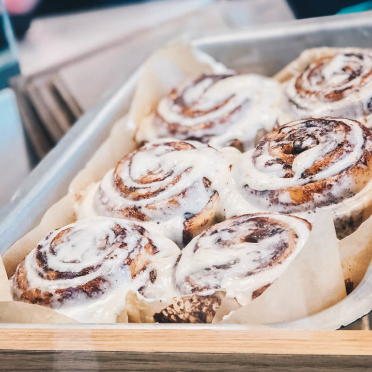 A tray of cinnamon rolls