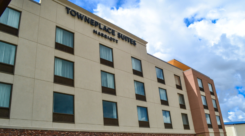 The exterior of the TownePlace Suites hotel